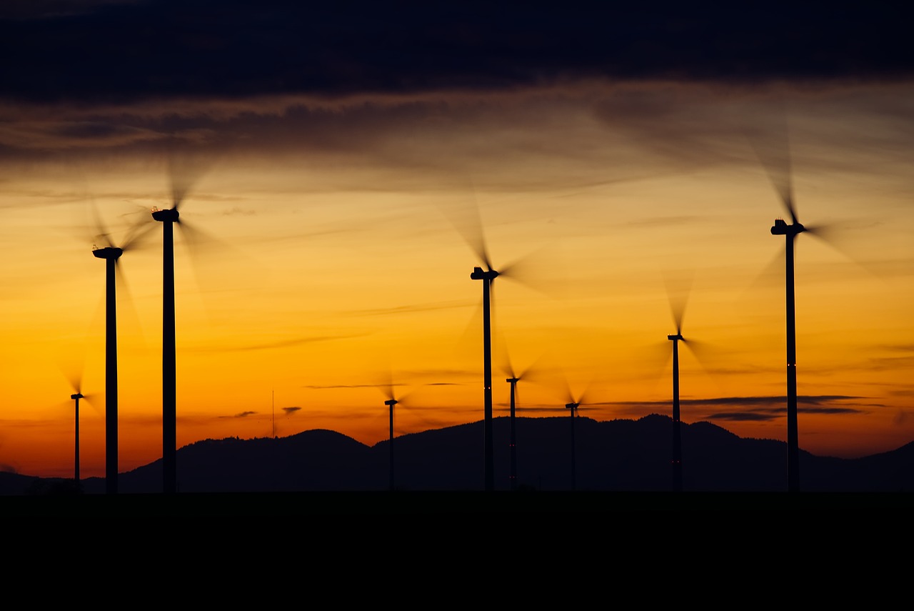wind turbines, silhouettes, sunset, dusk, twilight, renewable energy, wind power, nature, blue sky, energy, blue, environmental technology, rotor, power generation, wind energy, power supply, landscape, rotor blades, propellers, sky, afterglow, wind park