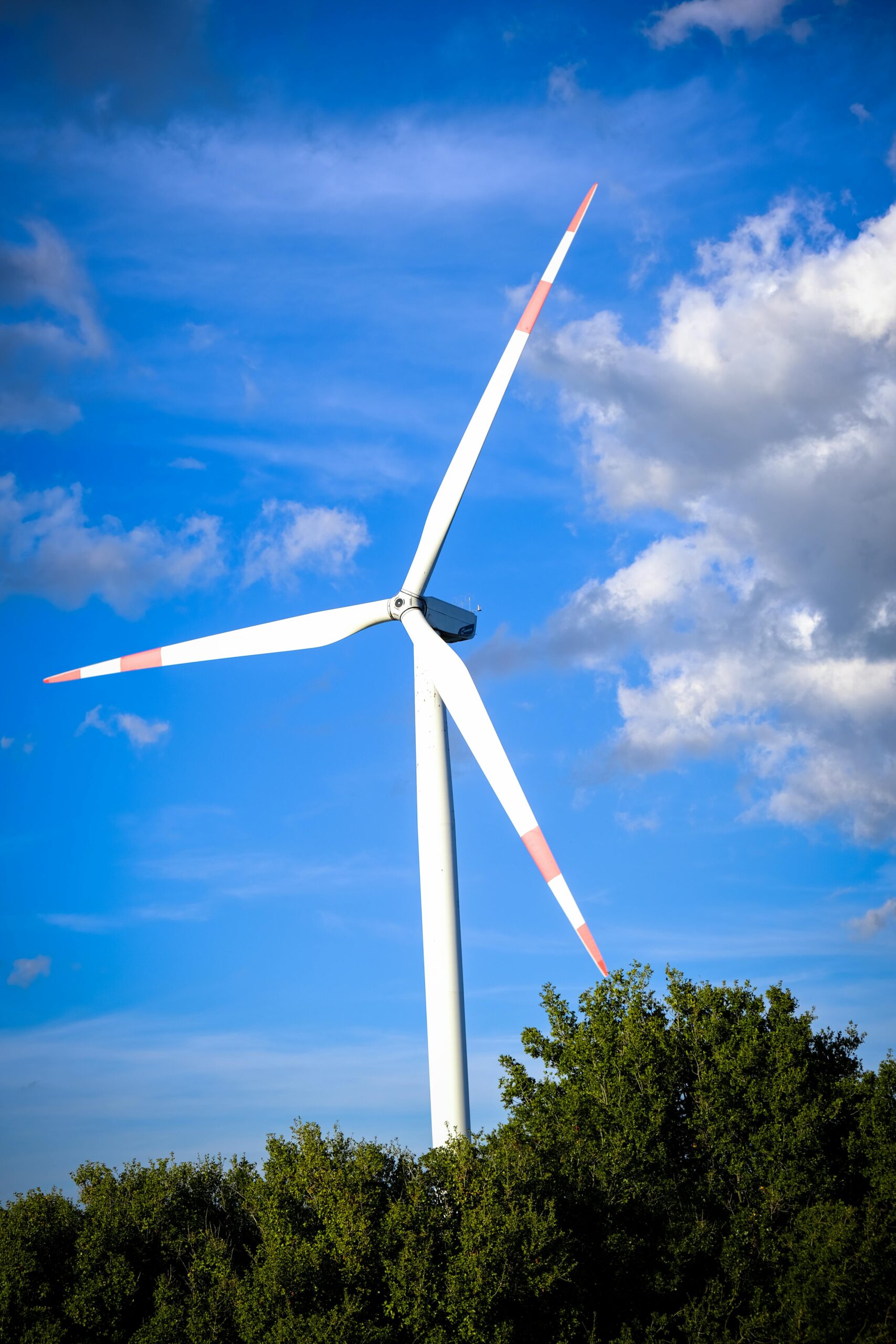 A wind turbine stands tall against a backdrop of a vivid blue sky with scattered clouds and green foliage.